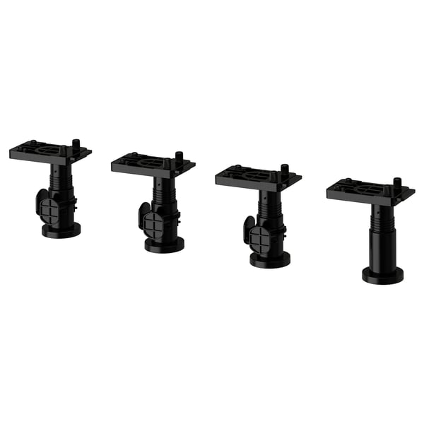 Four black adjustable METOD cabinet legs shown from different angles.