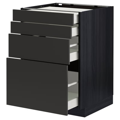 Modern black kitchen cabinet with multiple pull-out drawers, sleek design, and durable materials.