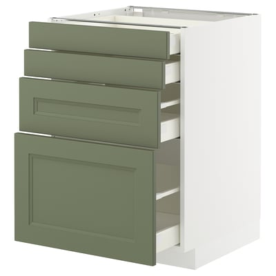 This image shows a white METOD kitchen cabinet with green axstad drawers. The cabinet has three drawers and one door, offering storage space.