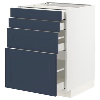 Blue drawers and white base kitchen unit, modern traditional design.
