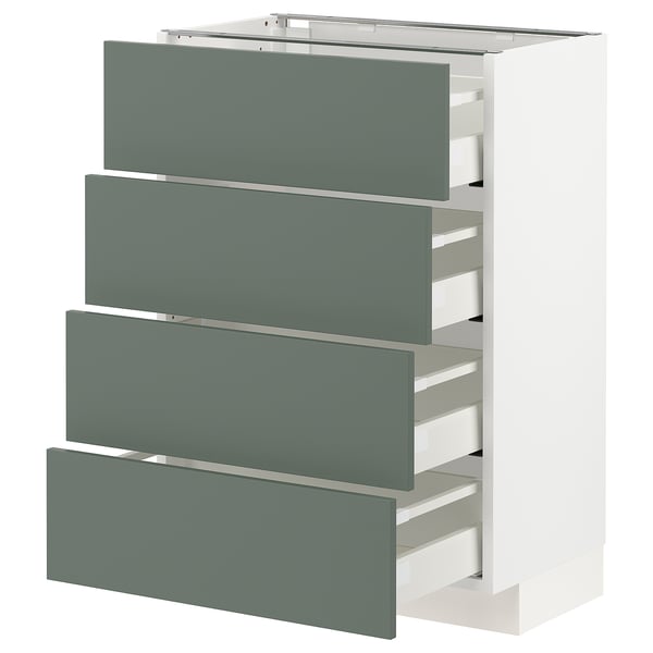 Modern kitchen unit with 4 teal drawers, white sides.
