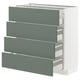 A modern grey-green METOD kitchen cabinet with multiple drawers. Its sleek design four grey-green drawers on a white frame.
