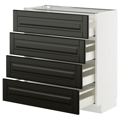 Black beveled drawer fronts on white METOD kitchen cabinet.