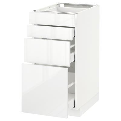 White modern kitchen cabinet with three pull-out drawers and sleek, high-gloss finish.