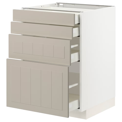 METOD kitchen unit with beige stensund fronts, wood texture, panel design, 4 drawers, white base.