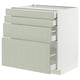 A green METOD kitchen cabinet with multiple drawers, featuring a sleek and modern design.