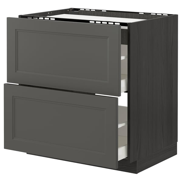Modern dark grey kitchen cabinet with two drawers, sleek design, durable materials.