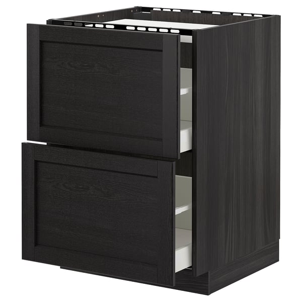 Black METOD cabinet with two open drawers.
