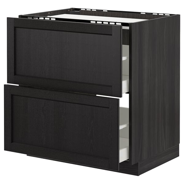 Black stained wooden kitchen cabinet with two drawers and beveled edges.