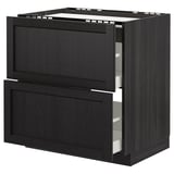 Black stained wooden kitchen cabinet with two drawers and beveled edges.