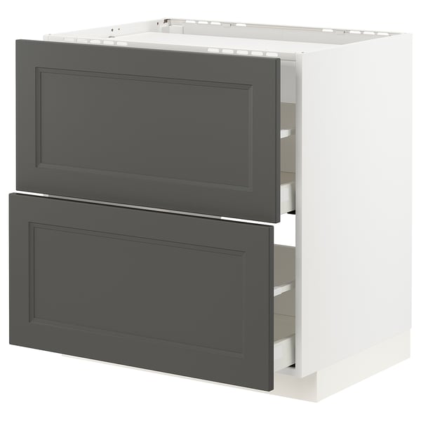 Dark grey IKEA METOD kitchen cabinet with two open drawers in white frame.