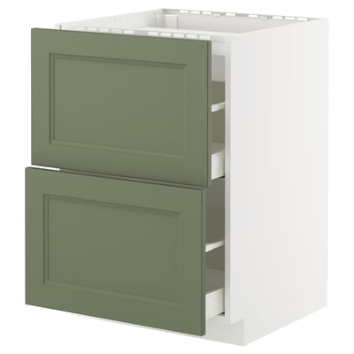 Ikea METOD kitchen cabinet with green-gray drawers and panels, white frame.