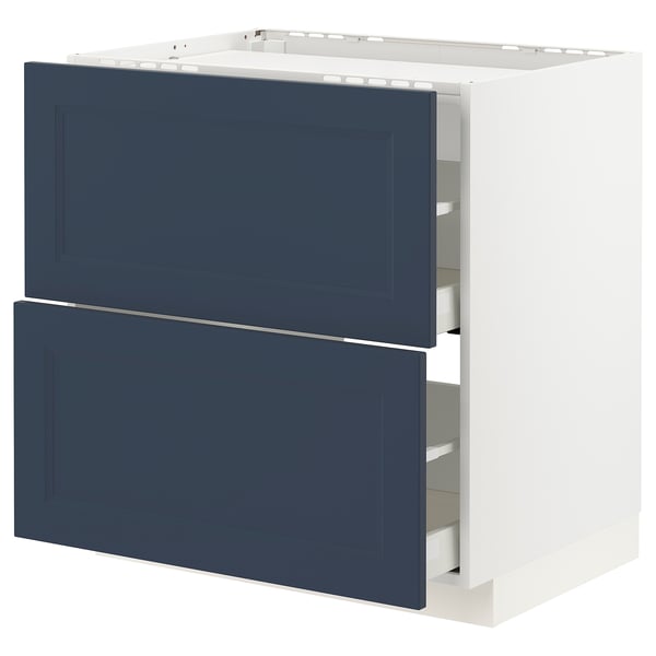 Modern kitchen unit: white cabinet, blue drawers, clean lines.