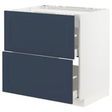 Modern kitchen unit: white cabinet, blue drawers, clean lines.