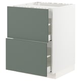 Greenish-gray kitchen cabinet with two pull-out drawers and white edges.