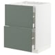 Greenish-gray kitchen cabinet with two pull-out drawers and white edges.