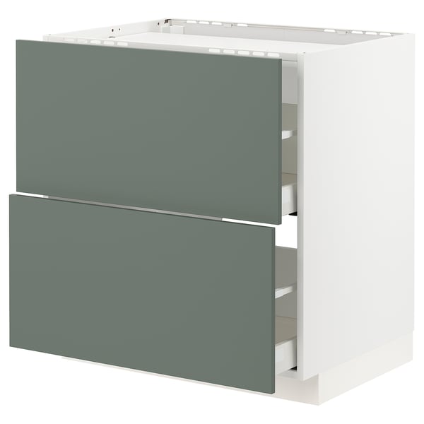 Modern kitchen cabinet in gray-green with two drawers, sleek design, sturdy frame, self-closing drawers.