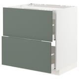 Modern kitchen cabinet in gray-green with two drawers, sleek design, sturdy frame, self-closing drawers.