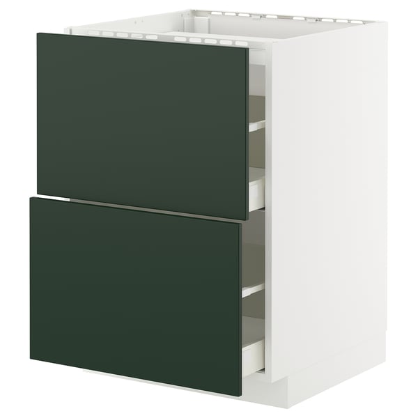 METOD kitchen unit, white base, dark green drawers, multiple compartments, modern design.