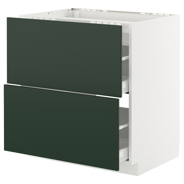 METOD kitchen cabinet: white, deep green drawers, square shape, modern design, sturdy construction.