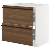 A METOD kitchen cabinet with two dark brown stained ash veneer drawers and wooden handles. Its white with a square shape and smooth finish.