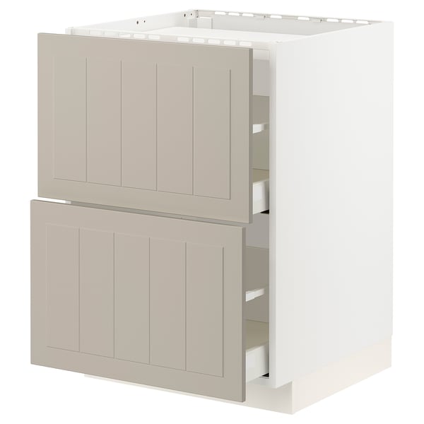 METOD kitchen unit, beige, wooden panels, white frame, two drawers.