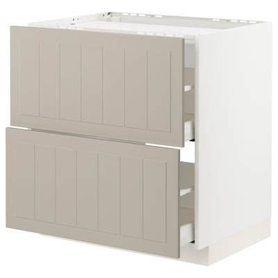 A beige METOD kitchen cabinet with sleek panels and drawers. Its rectangular, modern, and has a refined design.