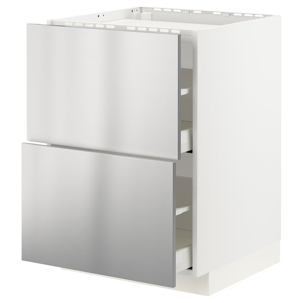 White stainless steel kitchen cabinet, rectangular shape with two drawers and a single door.