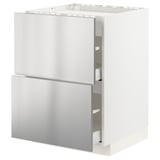 White stainless steel kitchen cabinet, rectangular shape with two drawers and a single door.