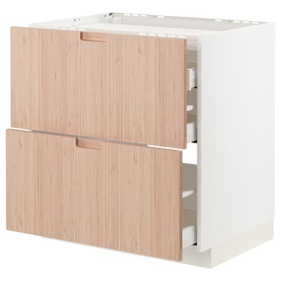 METOD kitchen unit with bamboo drawers, light wood color. Two large drawers and cabinet with multiple shelves.