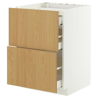 METOD / MAXIMERA Base cab f hob/2 fronts/3 drawers, white/Sinarp oak veneer, 60x60 cm