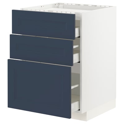 Ikea METOD kitchen unit, blue axstad drawers, white frame, modern design.