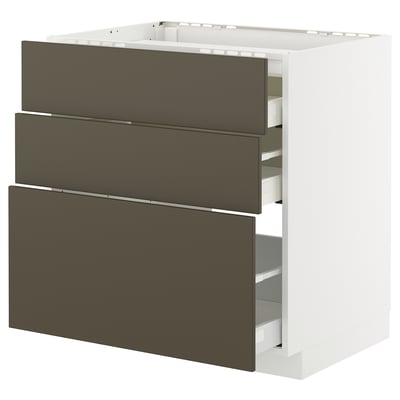 Modern kitchen cabinet with three dark brown drawers, sleek design, sturdy frame, white base, 25-year guarantee.