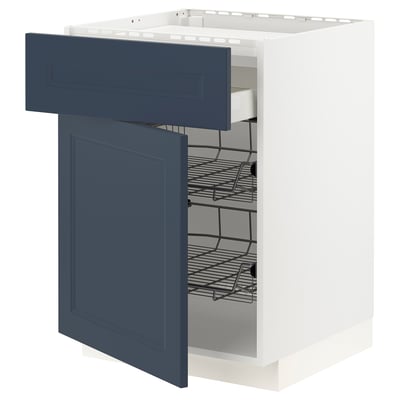 Ikea METOD kitchen unit, white & blue, open drawer, wire racks.