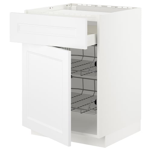 White kitchen cabinet with open drawer, metal racks visible inside. Modern, clean design.