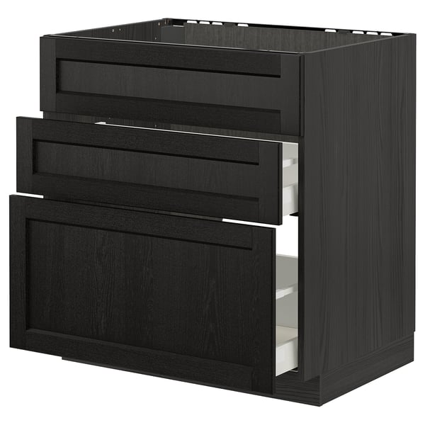 Black stained ash wood kitchen cabinet with three drawers, modern design, three drawers open for display.