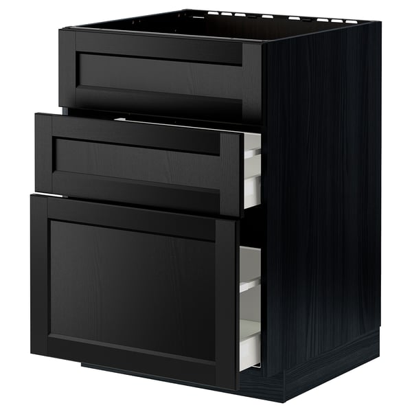 A black METOD kitchen cabinet with two open drawers and a door, featuring a traditional bevelled edge design.