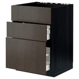 Ikea METOD kitchen unit, dark brown sinarp wood, 3 drawers open, square shape.