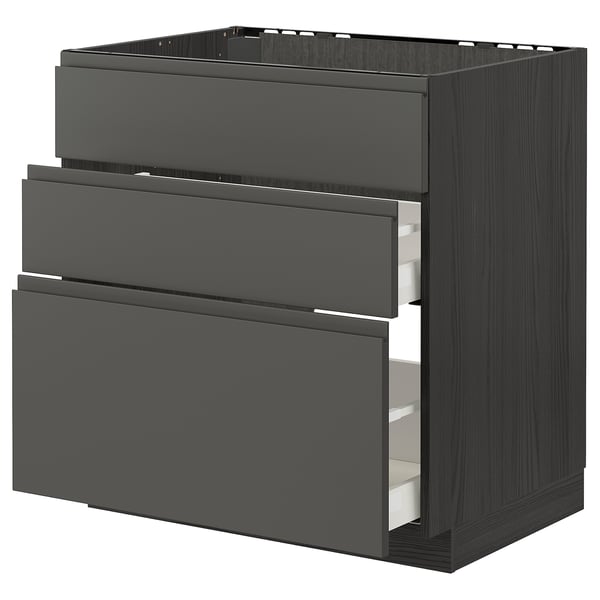Modern kitchen unit, METOD in dark grey with three drawers, sleek handles, sturdy wooden build.
