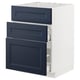 A white ikea METOD kitchen cabinet with blue axstad drawers and one door. It is designed for base units with three compartments.