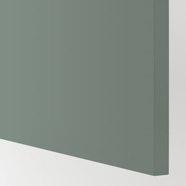 A close-up of a modern, smooth, greenish-grey kitchen cabinet surface, highlighting its sleek and durable finish.