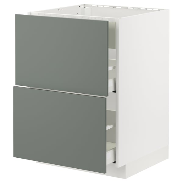 METOD kitchen unit, grey-green drawers, white base, modern design, sleek handles, sturdy construction.
