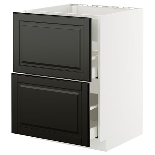 Black & white METOD kitchen unit with bevelled drawers & shelves.