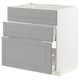 Modern grey kitchen unit with three drawers and plain design.