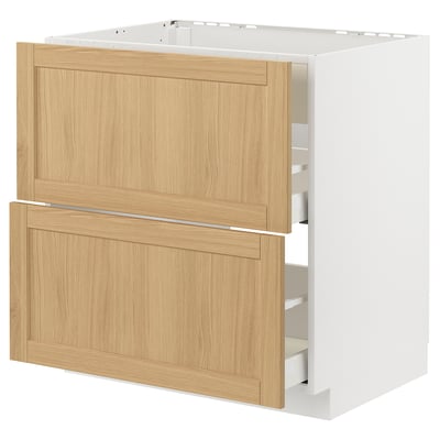 METOD kitchen cabinet with wooden-style finish, 2 drawers, white frame.