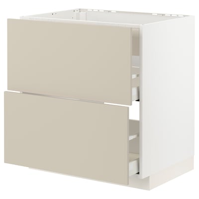 METOD kitchen unit in beige with drawers, white frame, rectangular shape.