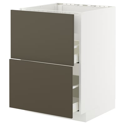 Modern kitchen cabinet with dark brown drawers and white sides, offering ample storage space.