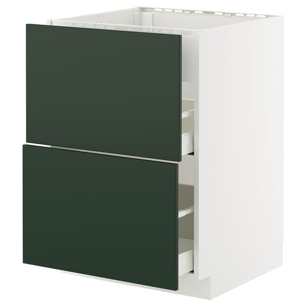 A white METOD kitchen cabinet with green drawers. It has two large drawers and a cabinet area, designed with drawer pulls and a neatly finished look.