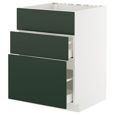 Modern white METOD kitchen cabinet with three smooth, green drawers.