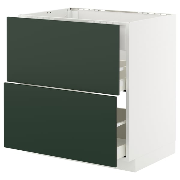 Modern white METOD kitchen unit with green drawers.